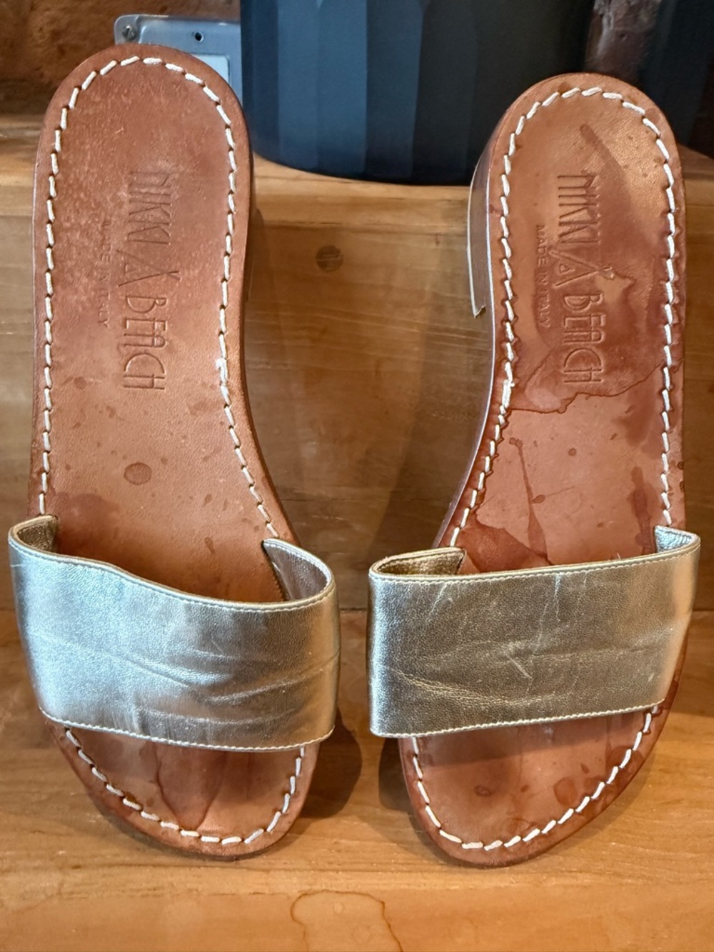 Nikki Beach Metallic Gold Leather Slide Sandals Sz 36